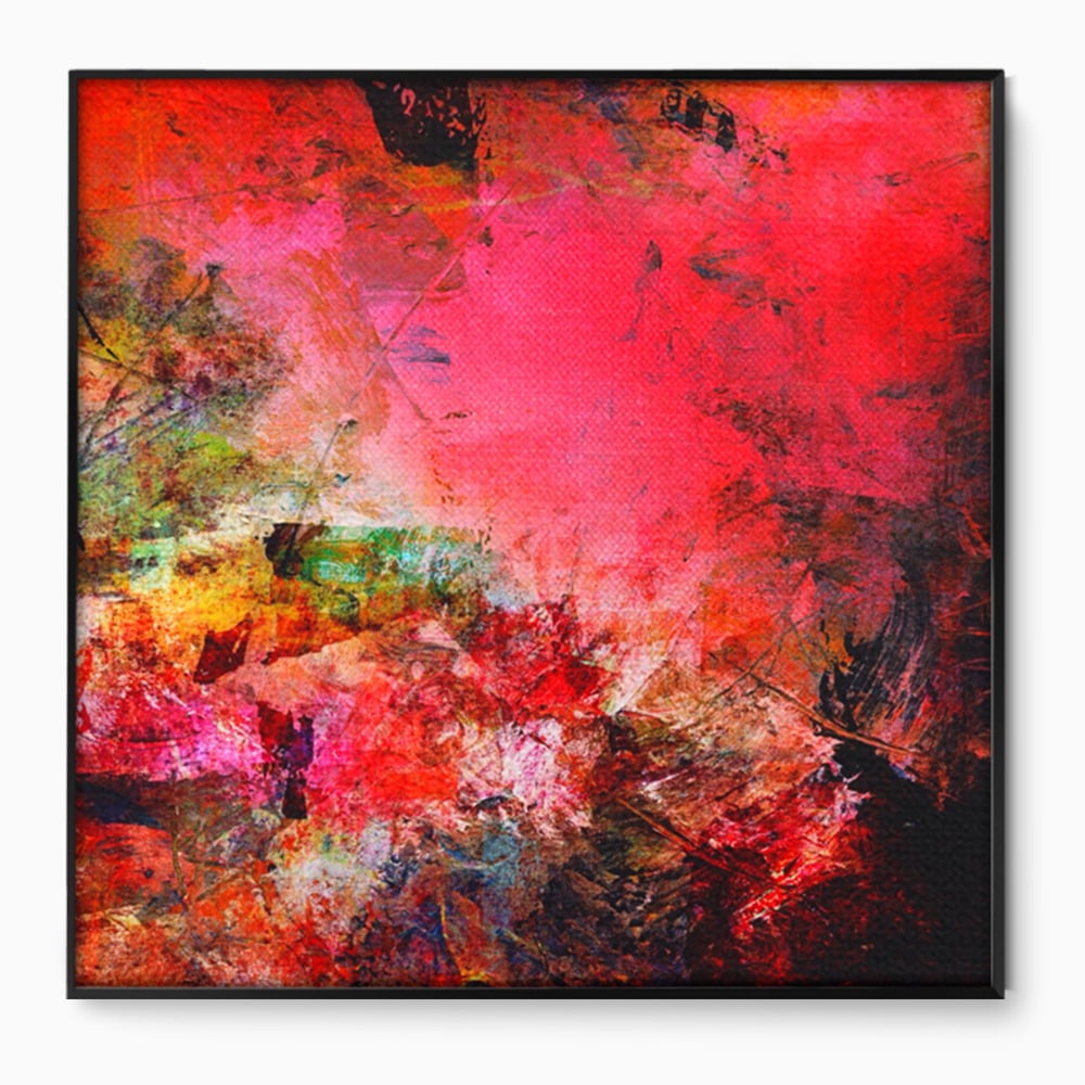 Tablou canvas cu pictura abstracta in nuante de rosu, in rama de aluminiu negru